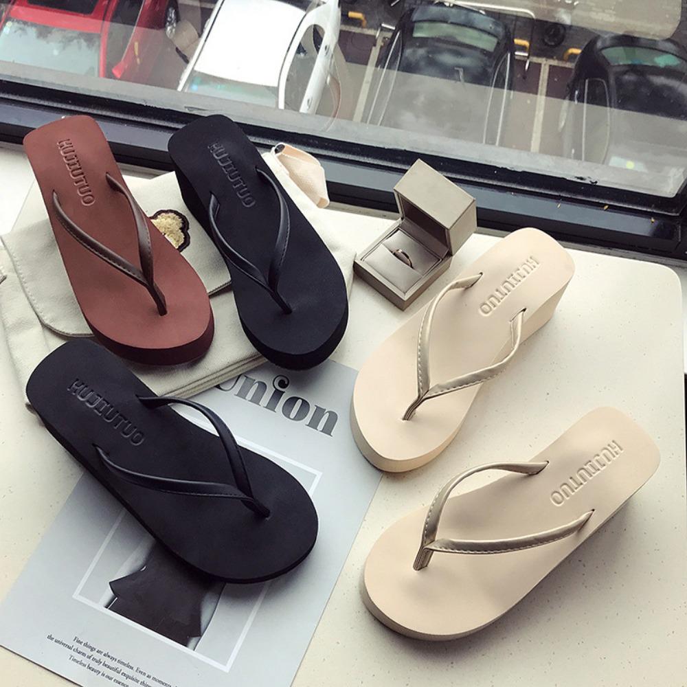 Fashion Thick Bottom Flip Flops Womens Summer Fashion Outdoor Beach Slippers Medium High Slope Heel Clip On Slip Resistant Cool Slippers