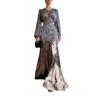 2025 Autumn V-Neck Floral Satin Evening Dress - High-Waisted & Slimming Design for European and American Women