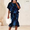 Women Plus Size Round Neck Batwing Short Sleeve Blue Green Printed Ruffle Hem Top Fishtail Skirt Two Piece Set