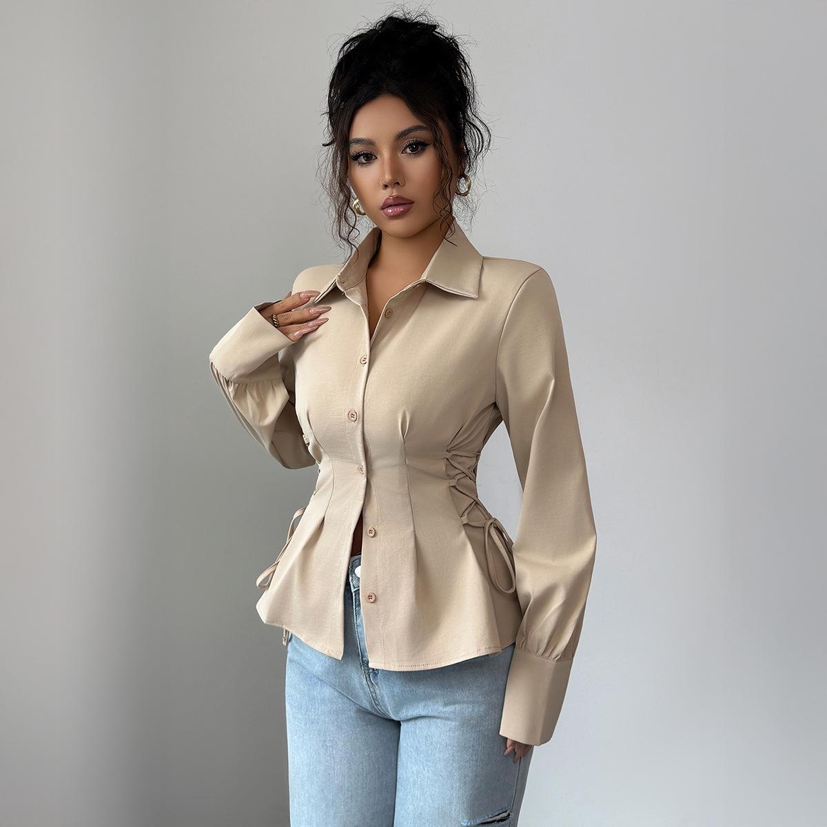 European-Style Women s Elegant Waist-Cinching Button Shirt for Spring/Summer 2026 Large хаки