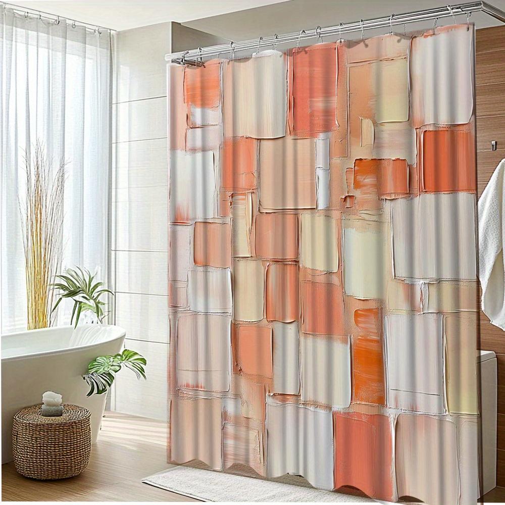 1Pc Abstract Textured Blocks Pattern Shower Curtain - Modern Geometric Design In Peach, Beige, White & Light Blue, Durable Polye