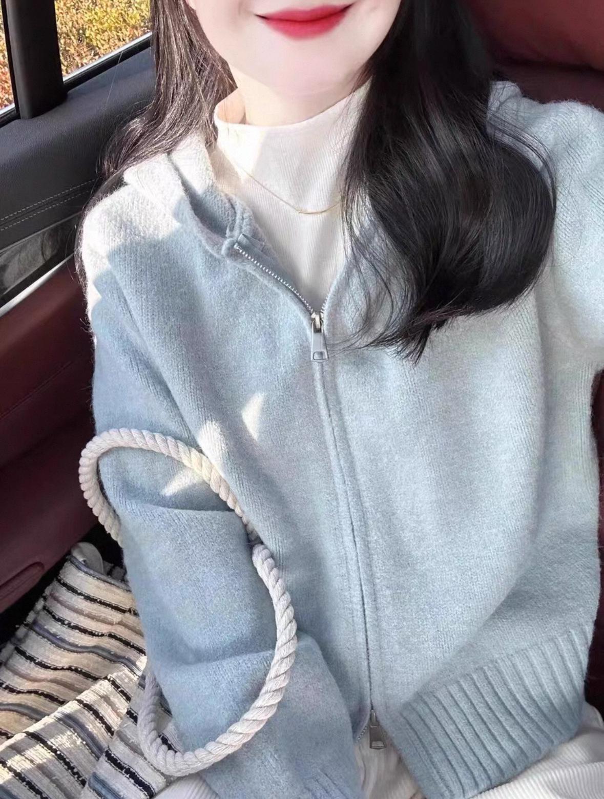 

Женский розовый вязаный кардиган с капюшоном - на молнии, мягкий топ для осени/зимы 2025 XL for 60-65kg