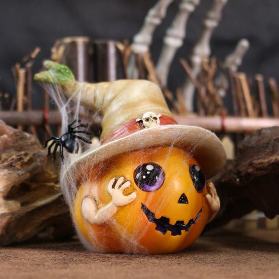 Halloween Pumpkin Ornament Spooky Resin Pumpkin Statue with Hat Spider Skull for Halloween Home Tabletop Decor