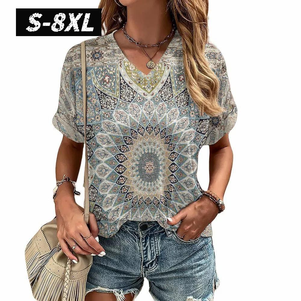 S-8XL Plus Size T-shirt for Women's Summer Short Sleeve Casual Tops Street Fashion V Neck T-Shirt Female Clothing Pullover