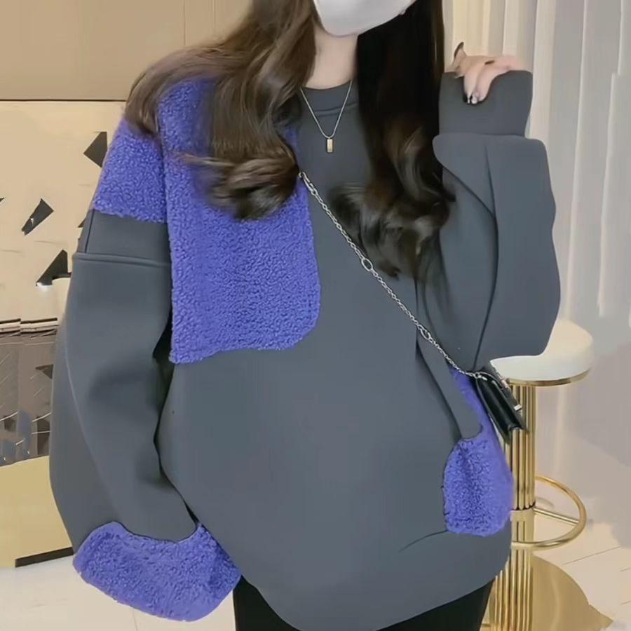 New Winter Fashion Trend Round Neck Panel Contrast Color Plush Thickened Loose Versatile Reduced Age Women's Long Sleeve Sweater