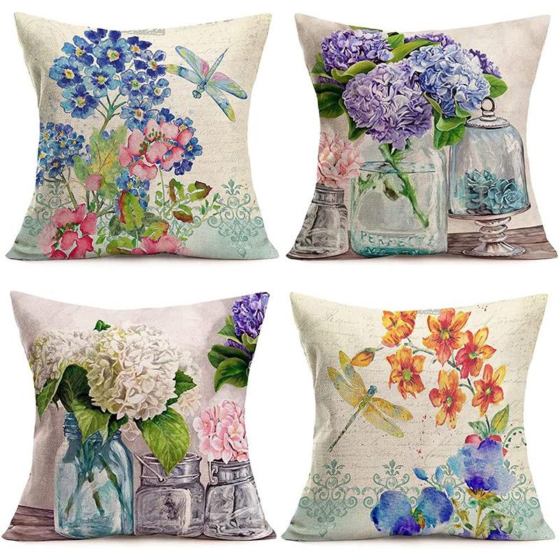 Plant and Flower Hydrangea Printed Linen Pillowcase Home Sofa Living Room Bedroom Pillowcase
