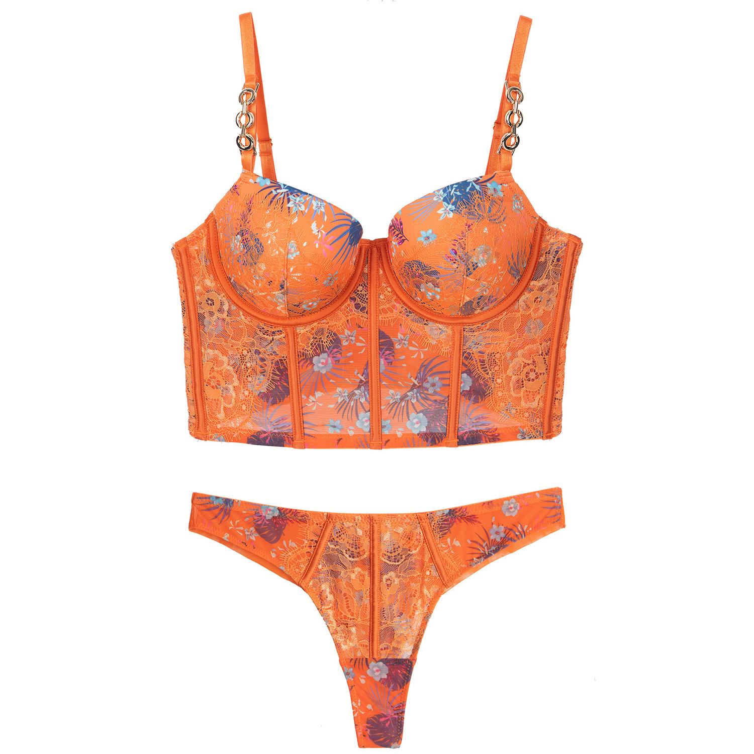 

Женский комплект с бюстгальтером, кружевное нижнее белье с принтом, бюстгальтеры пуш-ап на косточках, сексуальные стринги, женское интимное белье 80C оранжевый