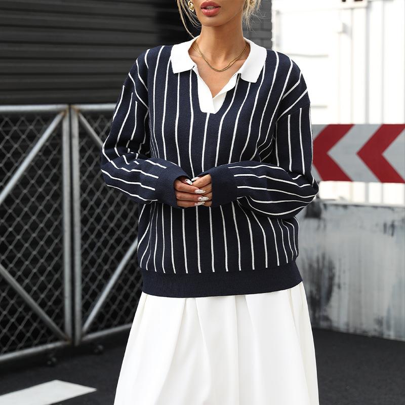 

A New Autumn College Casual Street Fashion Lapel Striped Women s Sweater L темно-синього кольору