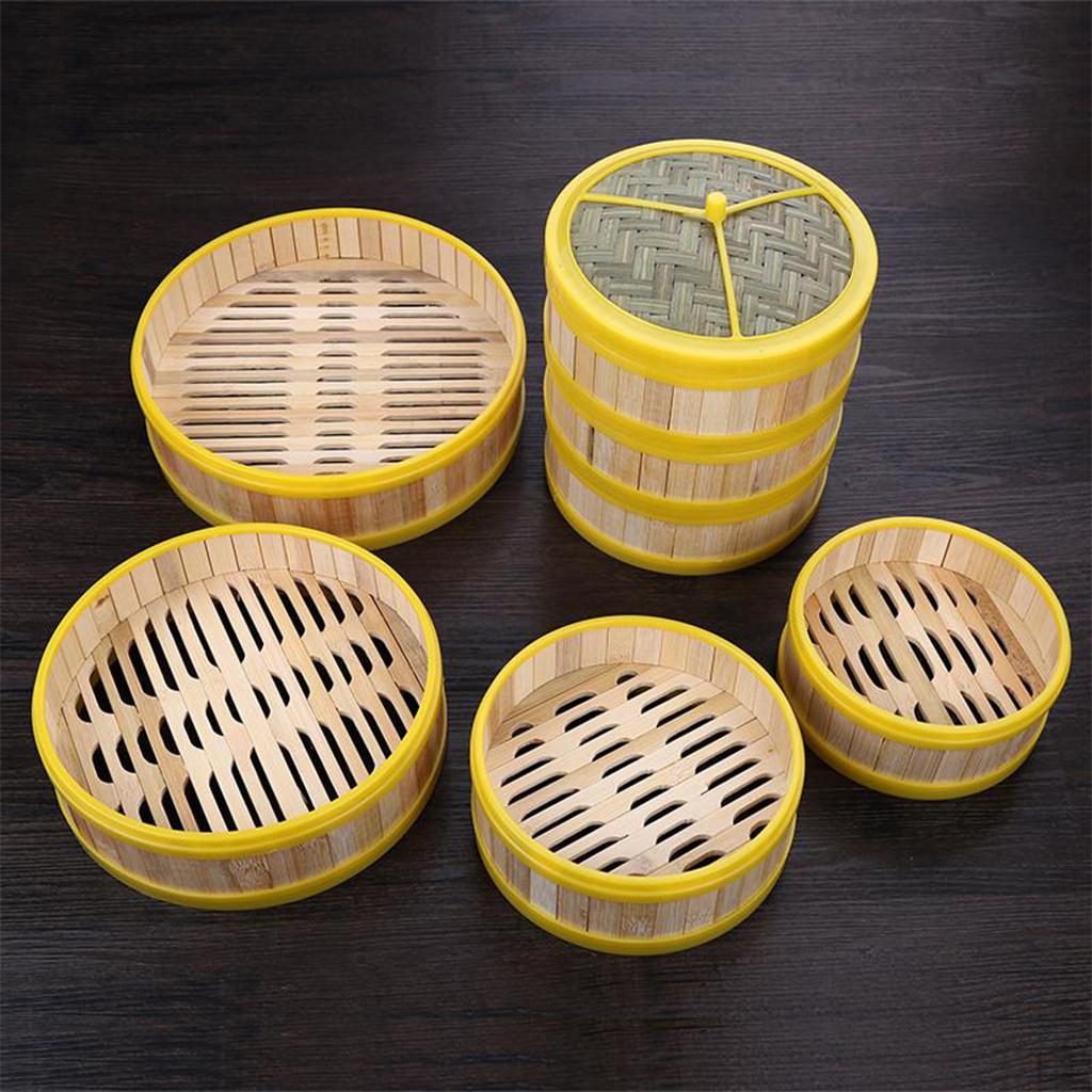 Steamer, Plastic Edging Bamboo Cooking Dumpling Meat Seafood Sum Steamer Basket Weaved Lid Cover