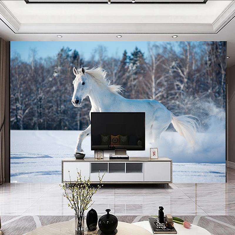 Weißes Pferd auf Schnee laufend Wandbilder Tapete Wohnzimmer TV Schlafzimmer Kunst Wandbild