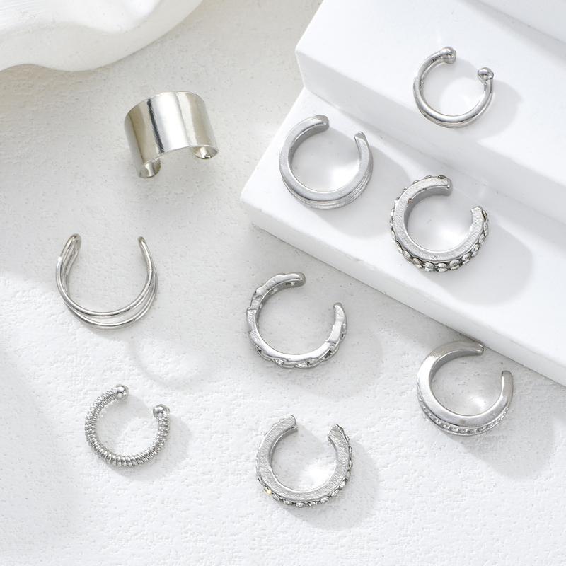 9Pcs/Set Simple Metal Non-Piercing Ear Clip Earrings for Women Shiny CZ Stone Fake Piercing Ear Cuff Daily Wear Party Jewelry