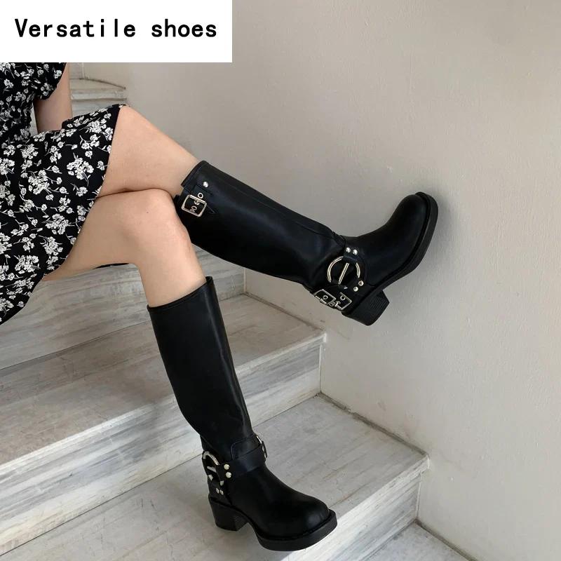 New Autumn Winter Knee High Boots Women Fashion Ladies Belt Buckle Knight Long Boots Women's Biker Booties