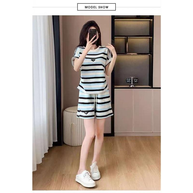 Women Striped 2 Piece Outfit Irregular Hem Short Sleeve T-shirt Drawstring Elastic Waist Shorts Casual Summer Tracksuit Loungewear Set