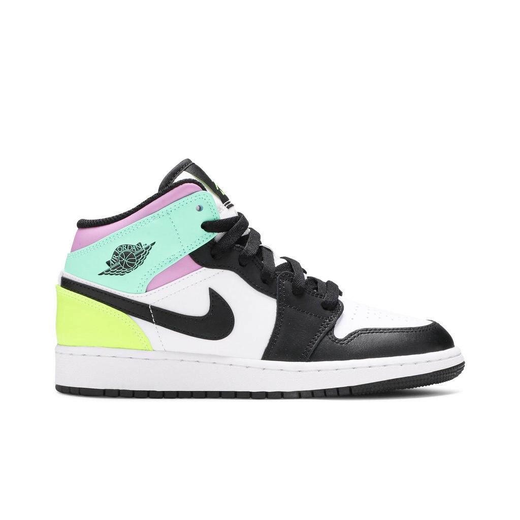 Air Jordan 1 Mid Grade School 'Pastel' (Unisex) White / Volt / Green Glow / Black Kids' Basketball Shoes 554725 175