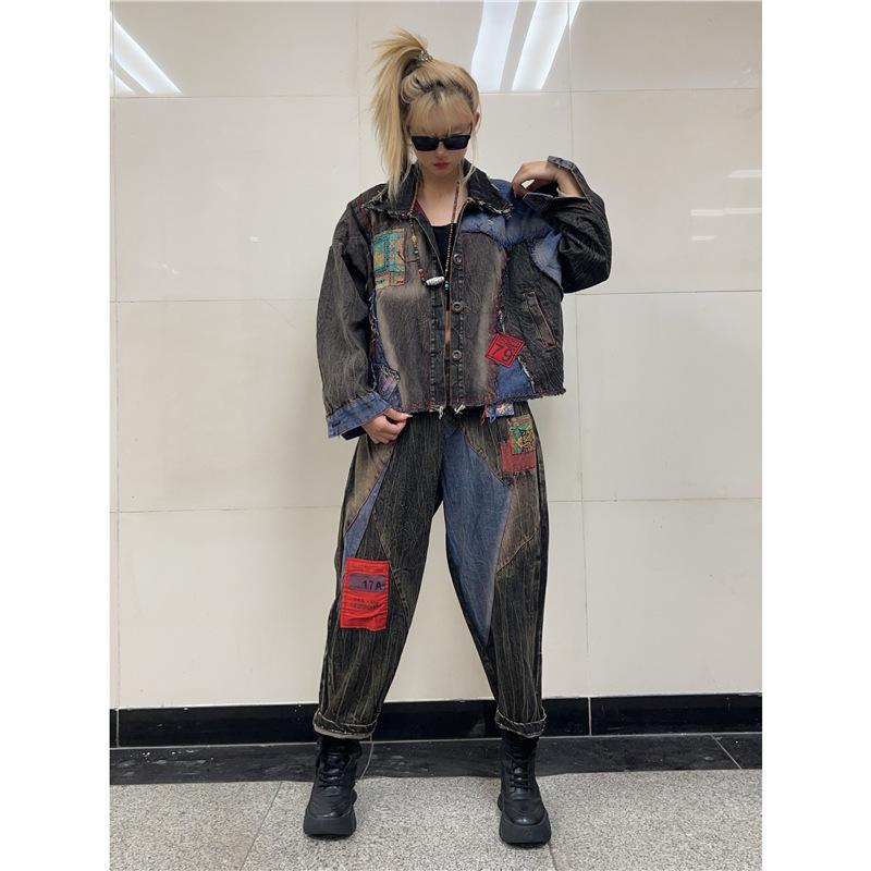 Trendy and cool fashion color matching printing old denim suit autumn dress new loose personality Harlan pants two-piece set