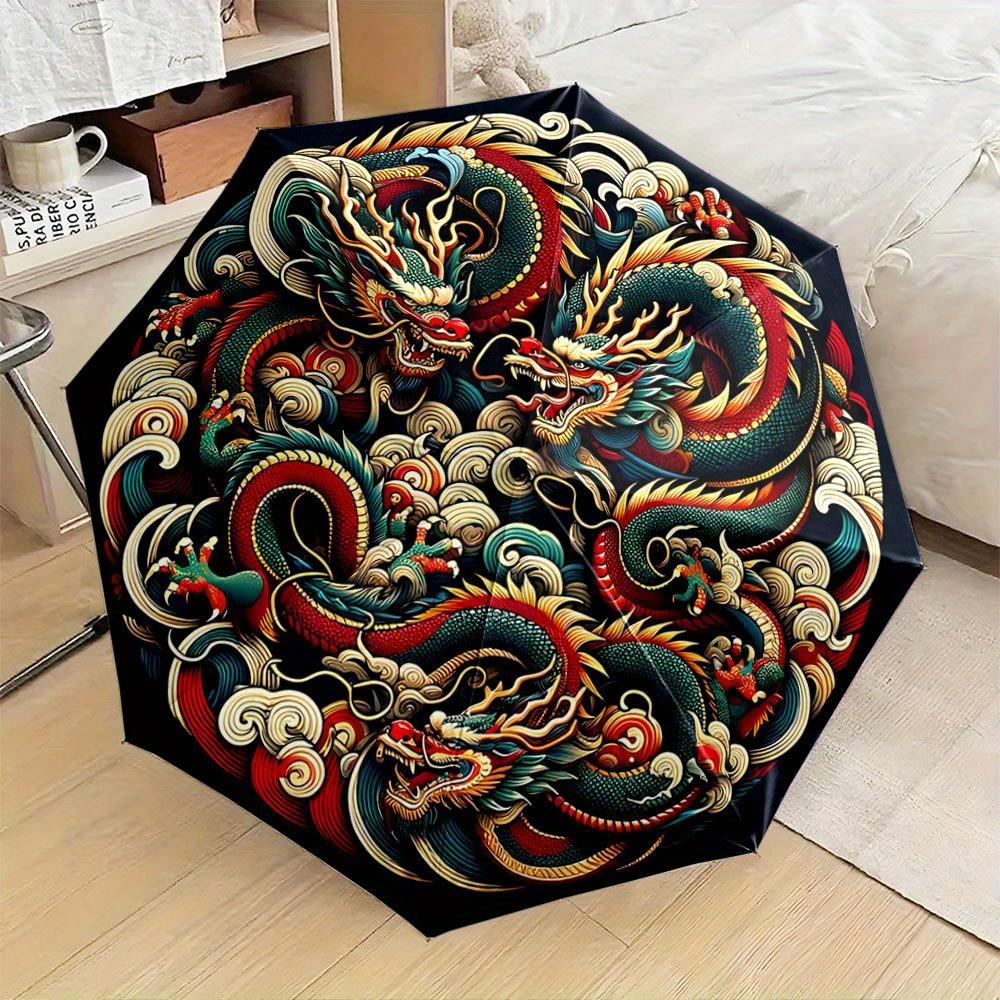

Automatic Open/Close Folding Umbrella with 3 Dragons & Swirling Clouds Design - Vibrant Colors, Compact Travel Umbrella for Ba (as the picture,Iron&8K)