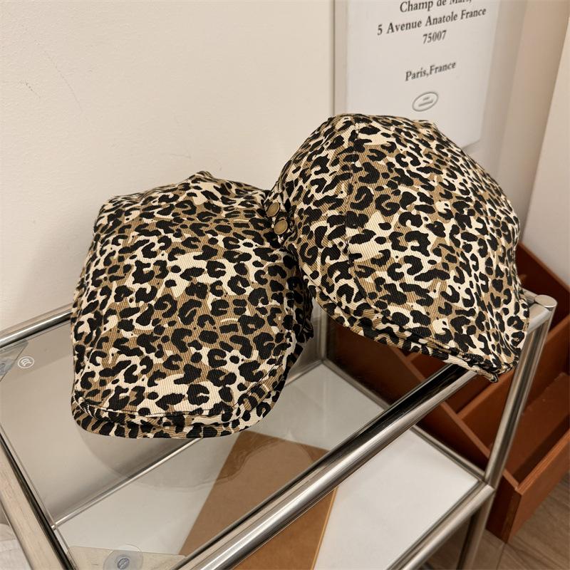 Leopard print Spice Girl High Sense Female Abbie Advance Painter's Hat Show Face Cow Pattern Maillard Newsboy Hat Spring and Autumn