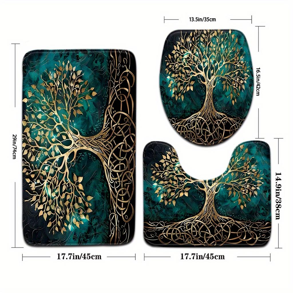 3er Set Pflanzen-Serie Nacht Großer Baum Muster Badezimmer-Matten-Set Toiletten-Sitzbezug U-förmige Fußmatte