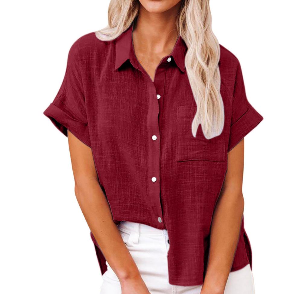 Summer Solid Color Single Breasted Shirt Women's Casual Lapel Short Sleeve Loose Blouse Top
