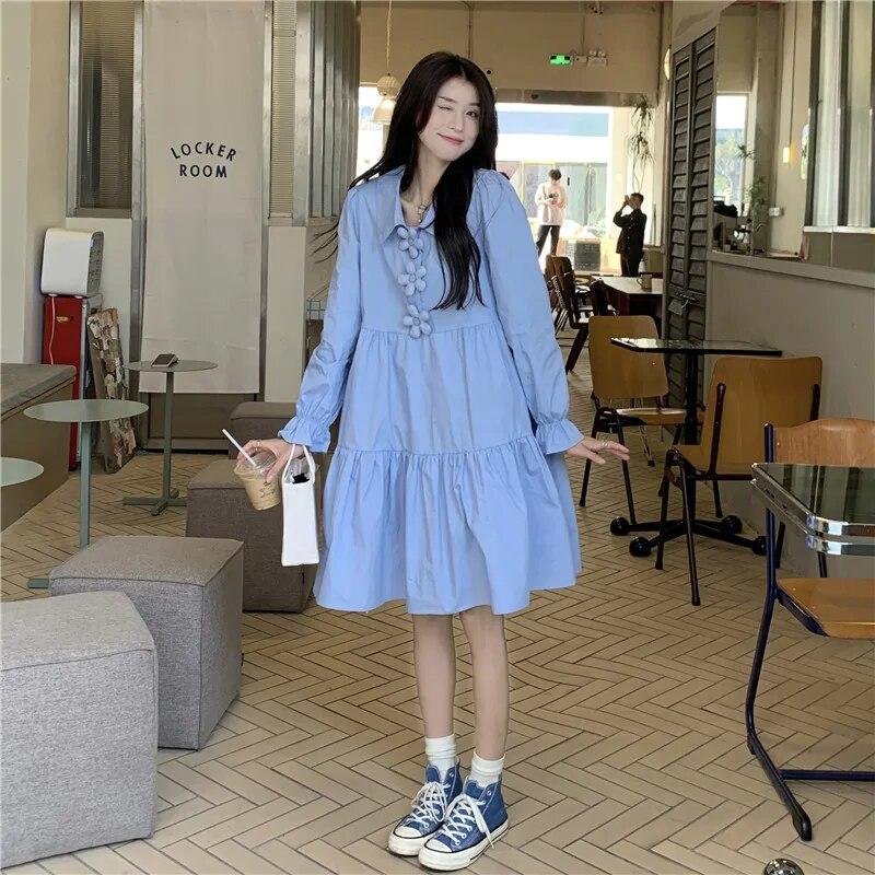 Dresses Women 3D Flower Y2k Autumn Hotsweet Korean Style Simple Long Sleeve High Street All-match Temperament Knee-length Daily