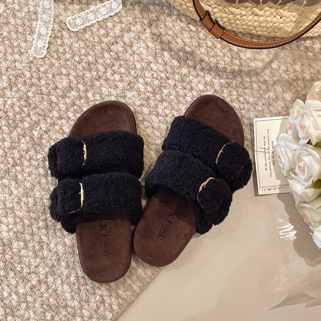 Thick-soled French Simple Open-toed Fluffy Slippers, New Women's Shoes In Autumn and Winter 2025, Wearing Versatile Cotton Slippers for Women