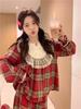 Korean Couple's Red Plaid Lace Long Sleeve Pajamas