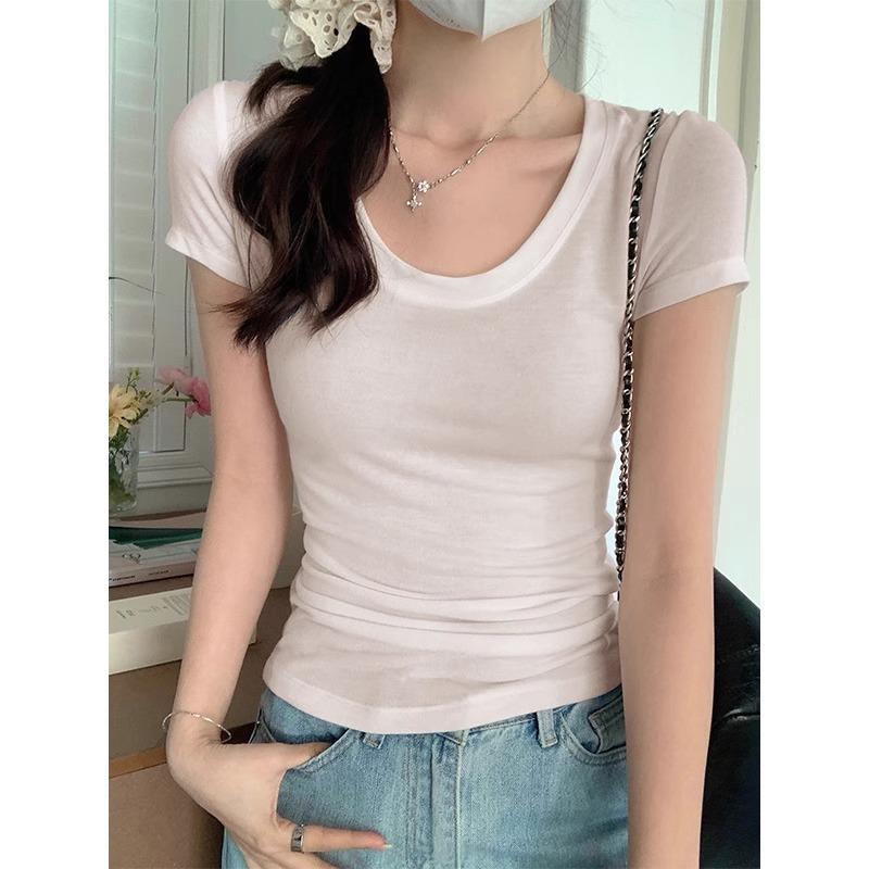 

Low-necked slim bottoming shirt T-shirt women s white versatile basic front shoulder slim fit spring and summer sweet babes short-sleeved top S