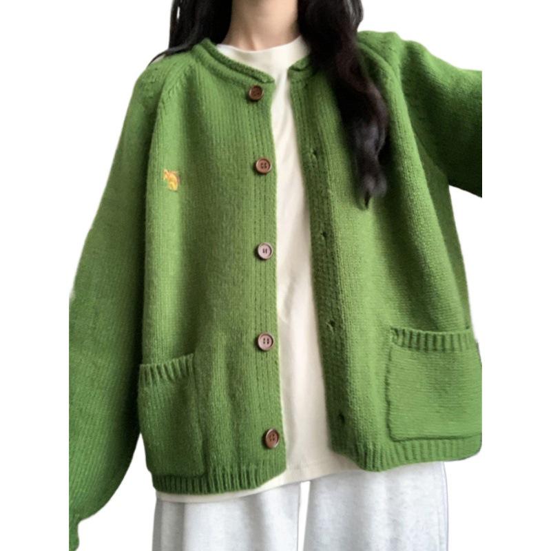 Women's Retro Green Embroidered Knit Cardigan - Fashionable Spring & Autumn Outerwear