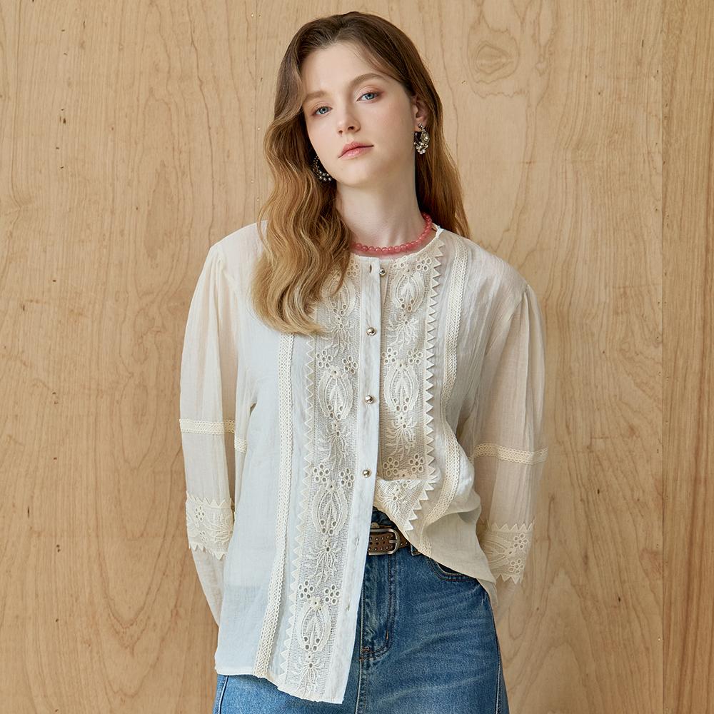 Maja Eyelet Lace Cotton Blend Round Neck Blouse Ivory/Free