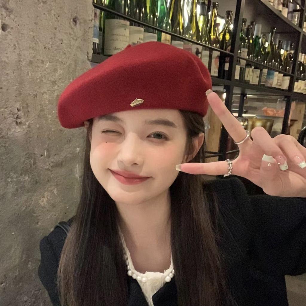 Autumn And Winter Metal Standard Wool Beret Female Korean Version Literary And Retro Painter Hat Showing Face Small Cloud Hat