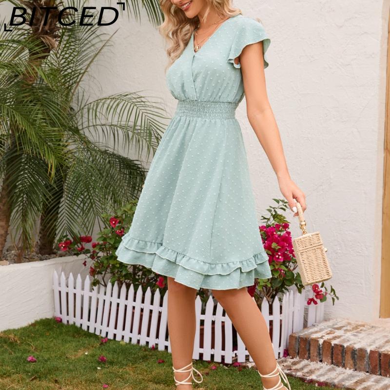 BITCED Women's Spring/Summer Waist-Defining V-Neck Dress Vacation Casual Short-Sleeve Slimming Dress