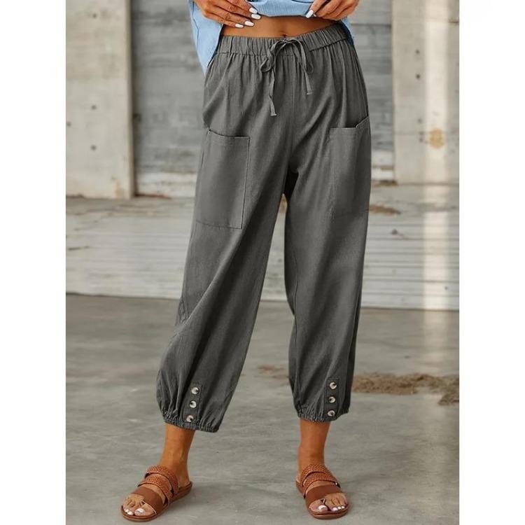 Autumn Women Cotton Linen Elastic Waist High Waist Wide Leg Loose Straight Trousers Solid Color Female Pants