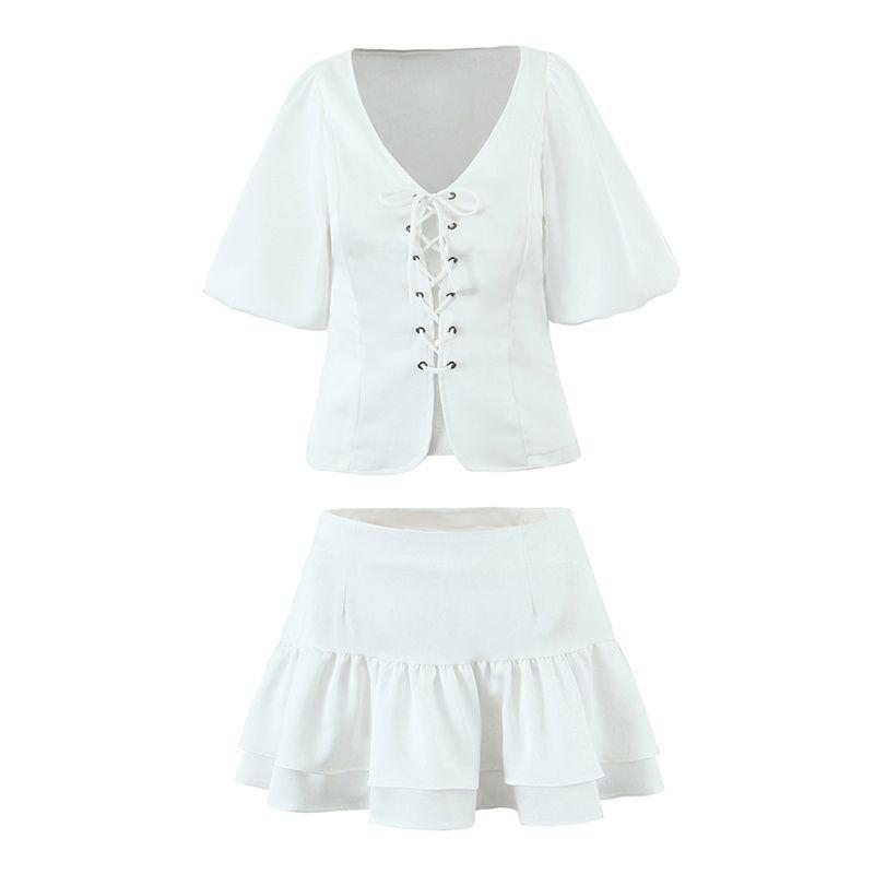 Lanyi Xinsheng French style Style Palace Extended Style Gentle Temperament Lace-up Puff sleeve Shirts Frill Skirt Set