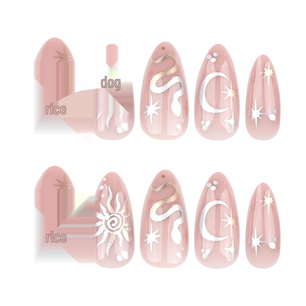 New Year Bestseller Almond Wearable Nails: Year of the Snake Metal Art with Star & Moon False Tips
