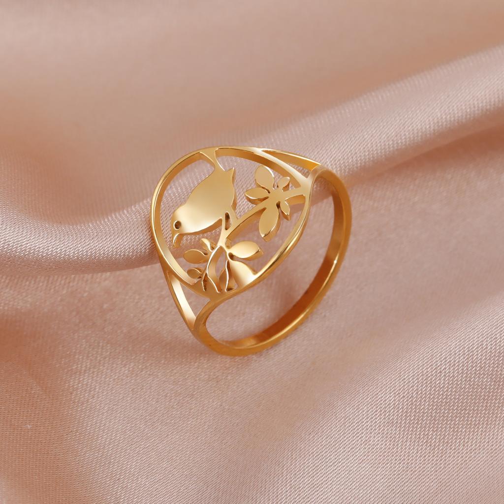 Bird Tree Leaves Ring Stainless Steel Women Finger Rings Bohemian Aesthetic Jewelry Gift for Lover Friends