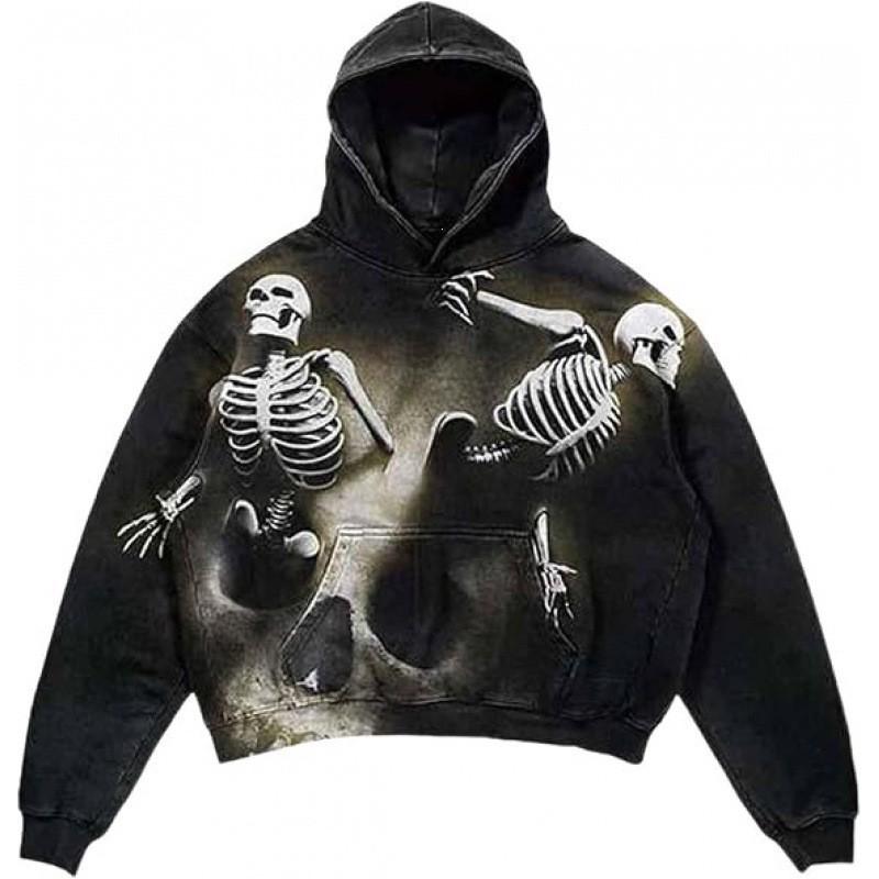 Amerikan Punk Kurukafa 3D Baskılı Kısa Kapüşonlu Sweatshirt Bol Kesim Erkek Kadın Sokak Giyimi