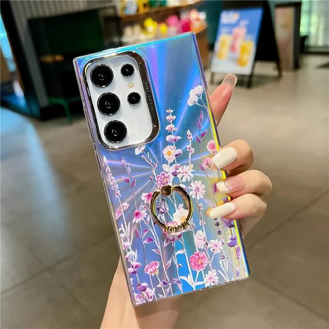 Suport pentru telefon cu inel cu diamante de ultimă generație, husă cu flori cu rază pentru Samsung A55 A35 A15 A25 S24 S23 FE A54 A14 A34 S22 Ultra
