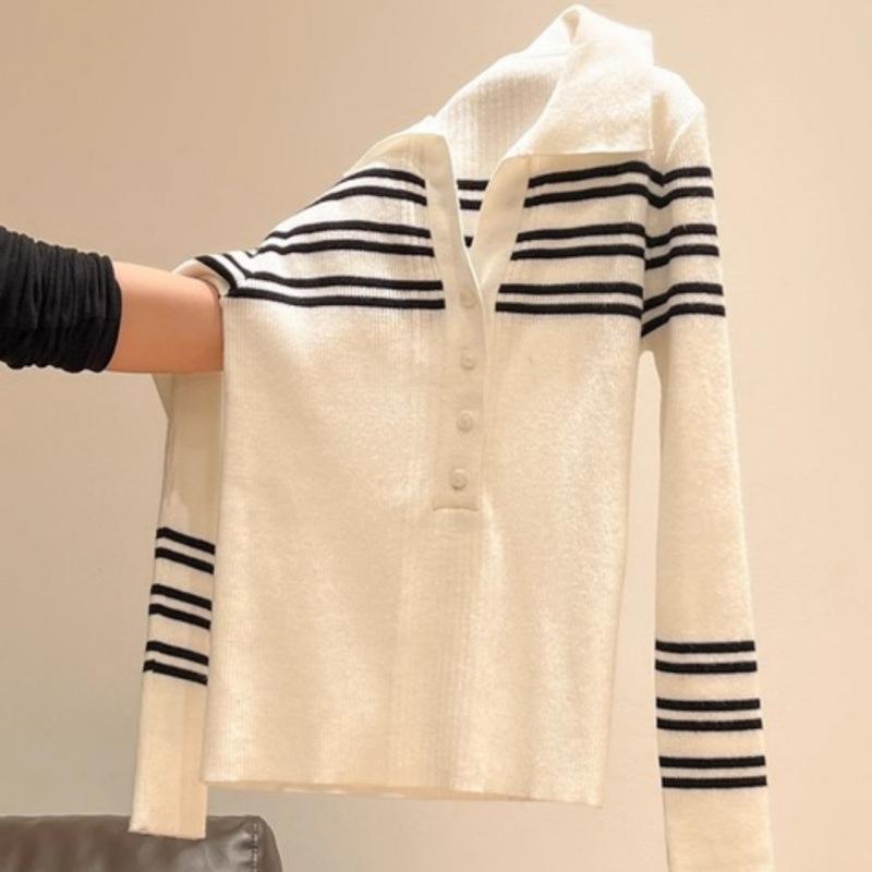 Contrasting Striped Knitted Long-sleeved Bottoming Shirt with Women's New Semi-open Neck Long-sleeved Sweater In Autumn and Winter