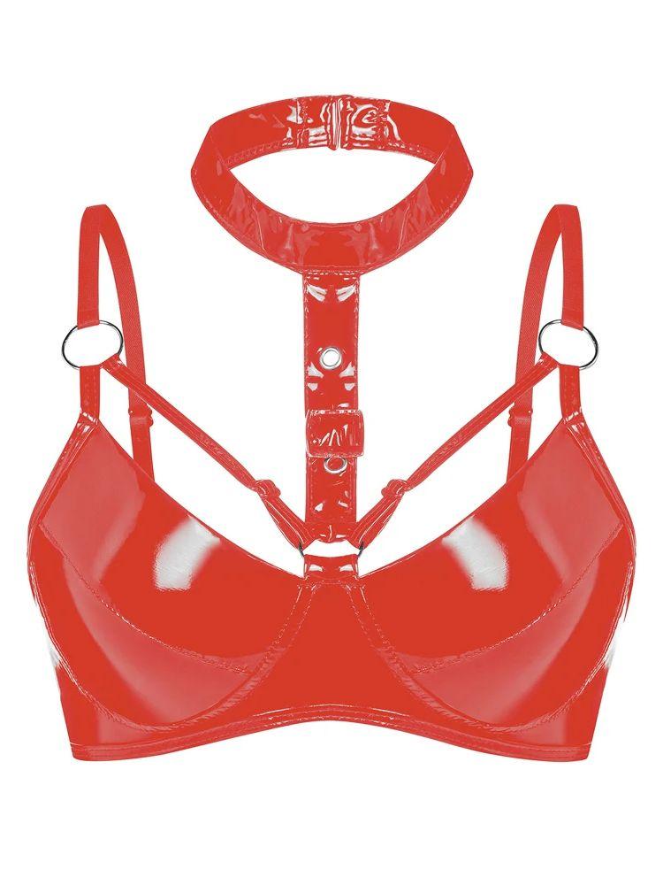 

S-3Xl Halter Shiny Faux Pu Leather Bustier Top Tights Bikini Crop Tops Cropped Croptop Sexy Clubwear Sleeveless Breasted Camis S