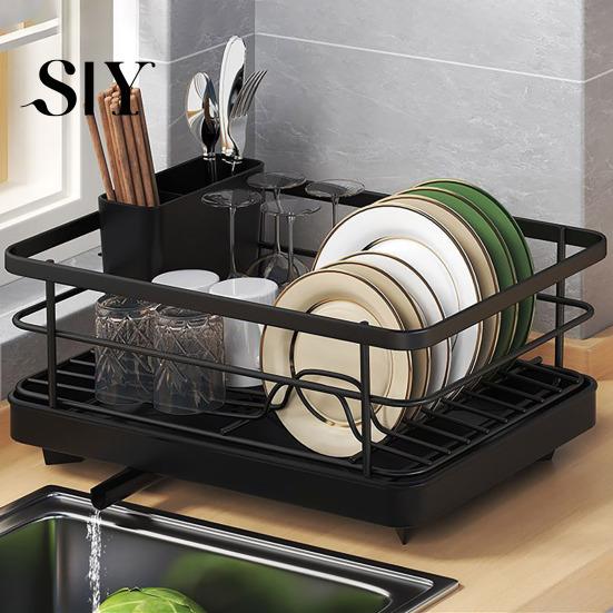 Carbon Steel Dish Storage Rack Drying Large Capacity Non-Slip Design Stable Auto-Drain Easy to Install Space-Saving Kitchen Counter with Cutlery