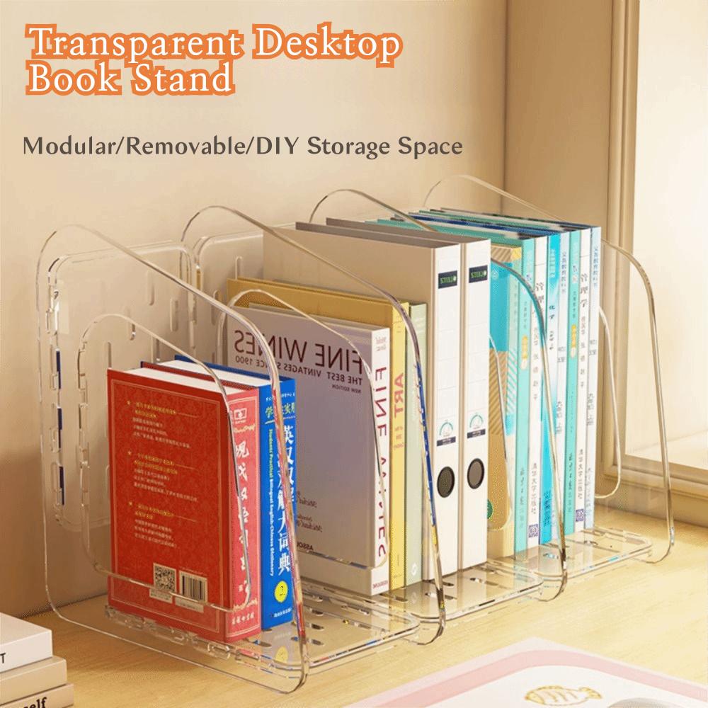 3-Section Transparent Book Stand Acrylic Stationery Shelf Magazine Rack Document Organization