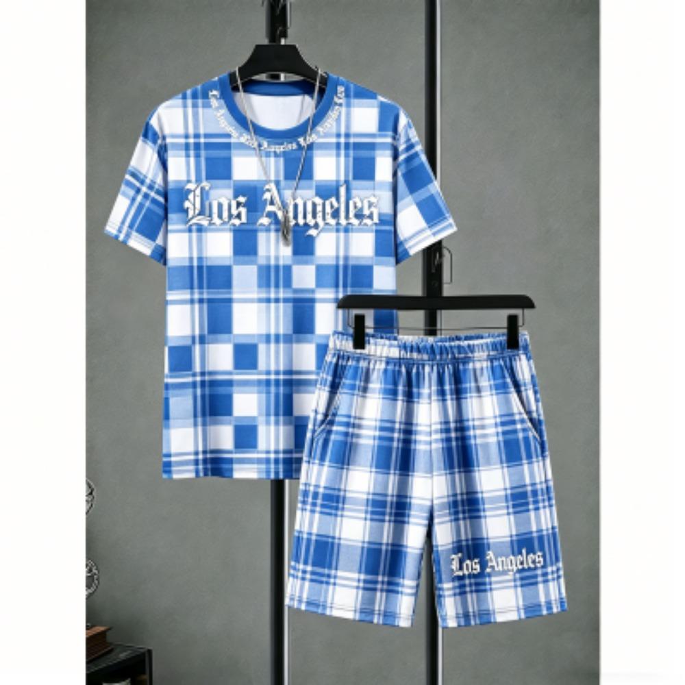 Fashion Men's Set Letter Striped Grid Printed Men's T-shirt and Shorts 2 Piece Set Summer Casual Outdoor Men's and Women's T-shirt Sets
