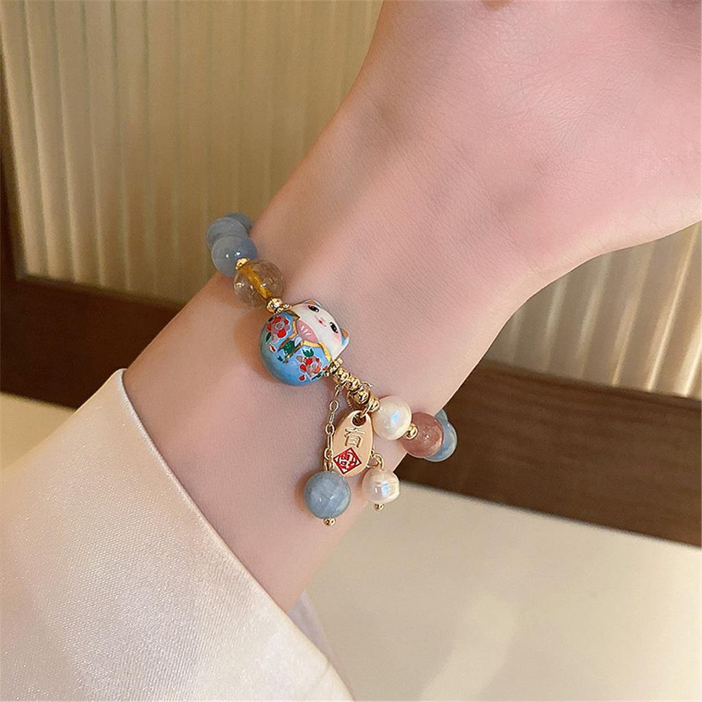 b24 Cat Sweet Unique Lovely Ceramic Woven Bracelet Blue Ins Lucky Pendant Rope Chain Cartoon Details Jewelry Gift Versatile