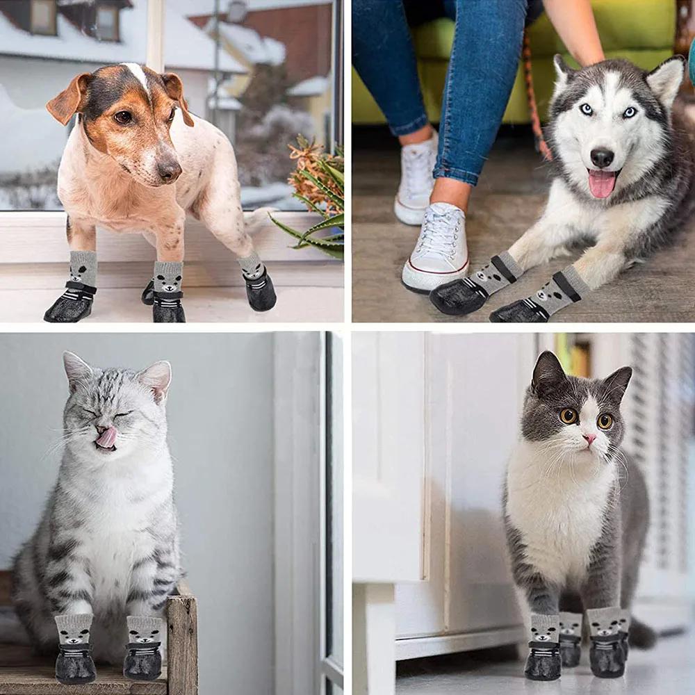 4 Stück Welpen Hund Teddy Socken Wasserdichte Katzenschuhe Kratzschutz Fußschutz Schmutzabweisende Haustiersocken Kleine Katzen Hunde Gestrickte Warme Socken