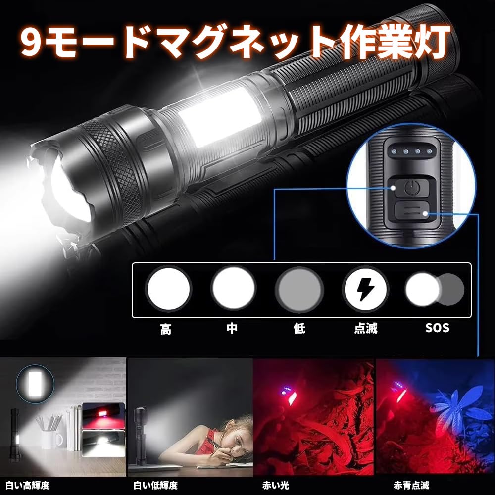 Wellvie Classy White Red LED Flashlight with Dual Flashlight with Long USB Zoomable COB Work Ideal for Emergency Mountain and Night Fishing 9-Mode &