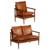 Set of 2 Sofas, Brown, Genuine Leather and Solid Acacia Wood