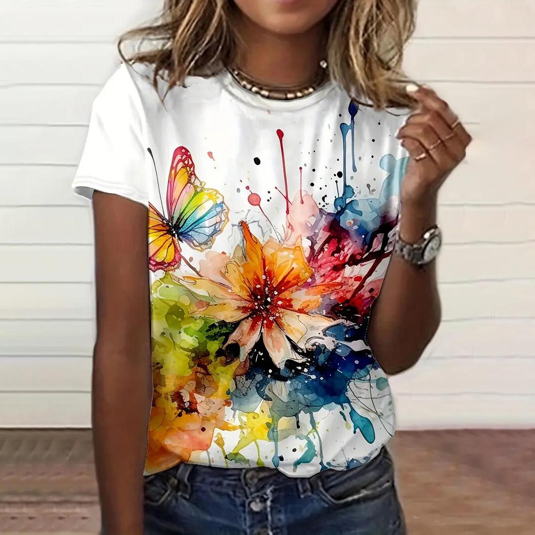 

Літні жіночі футболки з 3D-принтом квітів, модні футболки з круглим вирізом та коротким рукавом, жіночий одяг Y2k оверсайз, мила футболка XL
