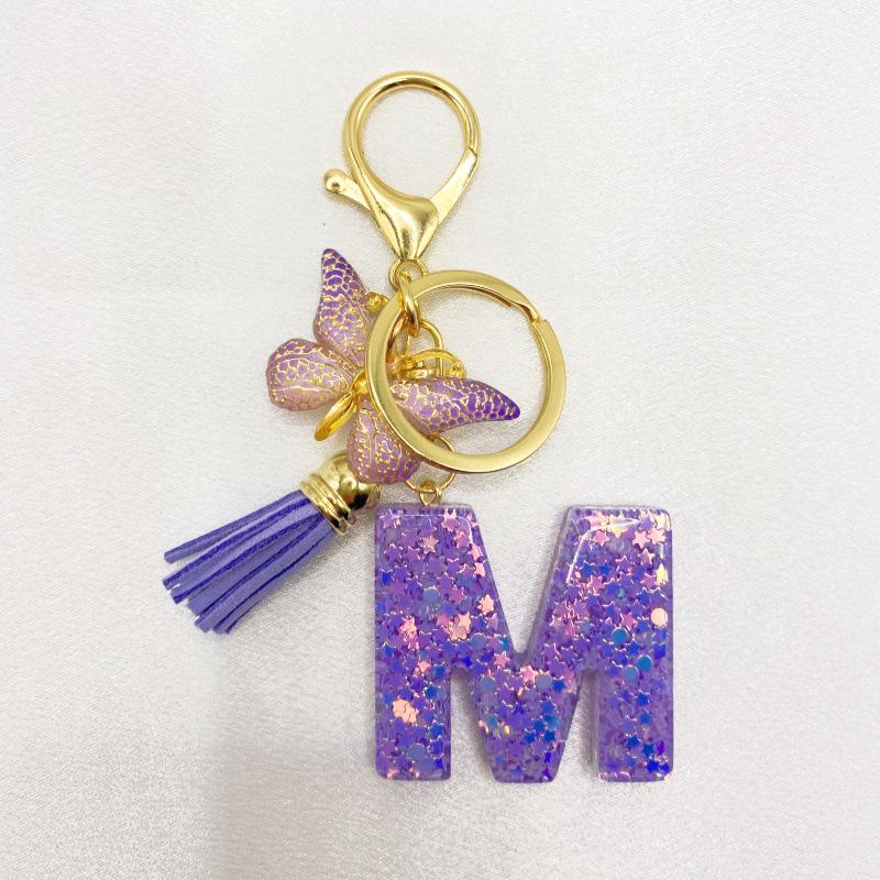 26-Letter Alphabet Resin Keychain with Star Sequins & Tassel Charm