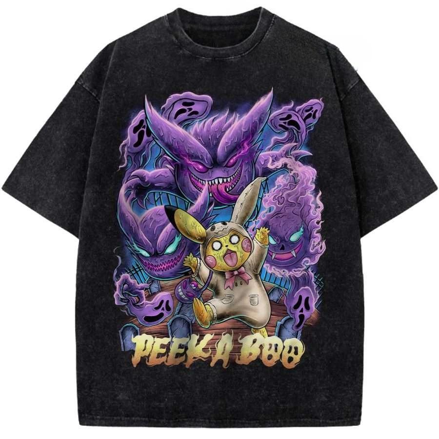 Pokmon Japanese anime Summer New washed Tshirt Gengar pattern unisex Harajuku Loose shortsleeved YK trend shirt L