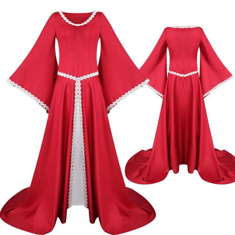 2020wish Foreign Trade European and American Medieval Retro Hood Dress Square Collar Lace-up Bell Sleeve Swing Skirt